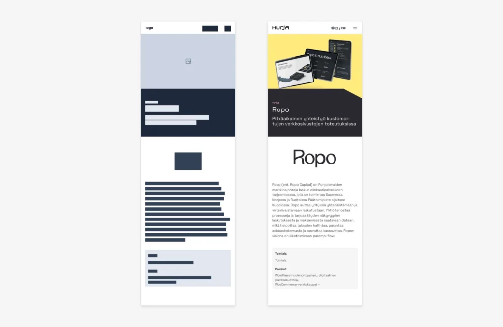 A wireframe model shown side-by-side with the finished mobile view of the Ropo reference page.