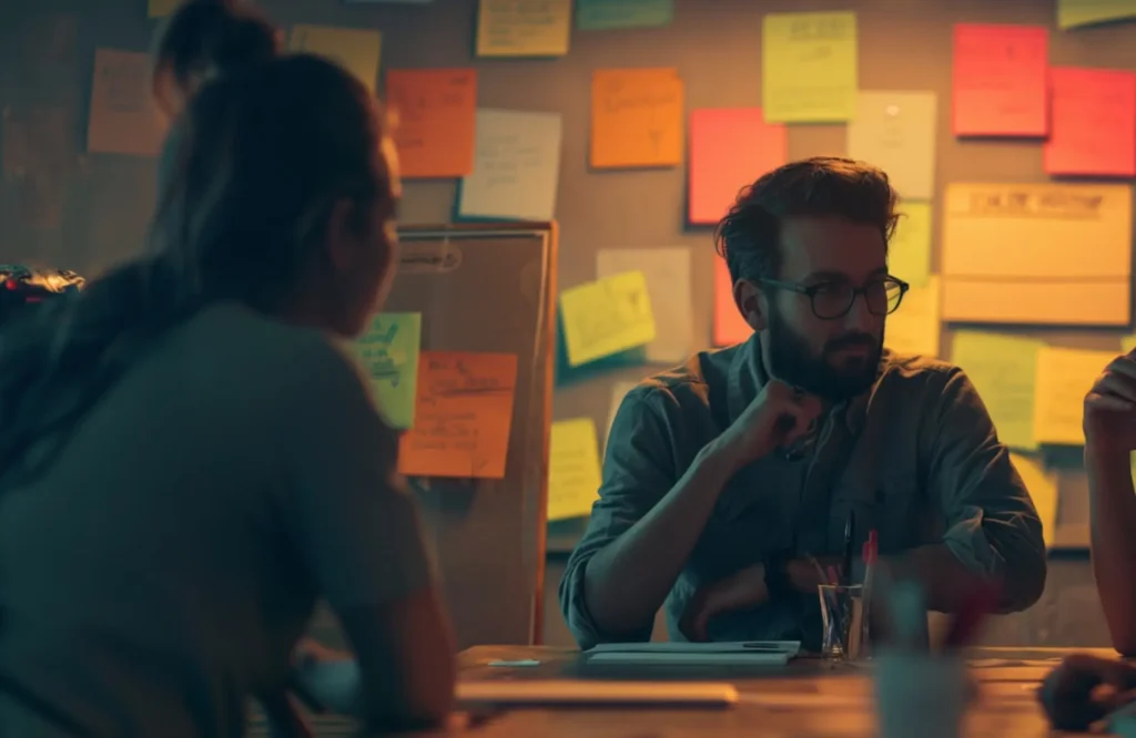 Ohjelmistokehityksen hinta -artikeklikuva, jossa ihmisiä brainstormaamassa.