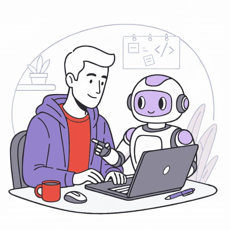 An AI-generated illustration showing a human and a robot working together on a laptop.