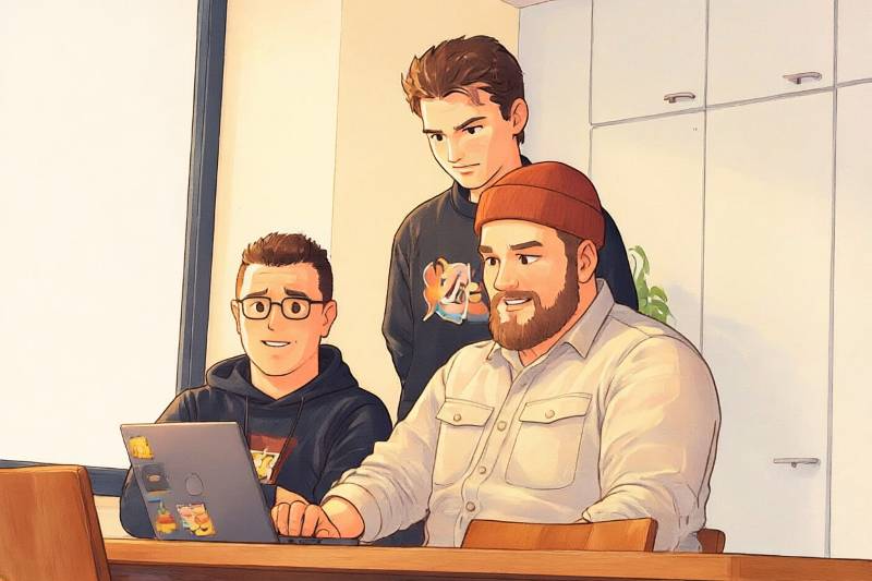 Three Hurja employees are looking at a laptop in a meeting room, rendered using artificial intelligence.