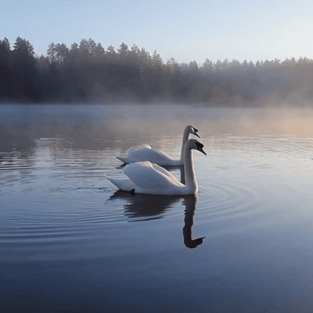 Two swans are swimming on the calm lake against a misty backdrop.