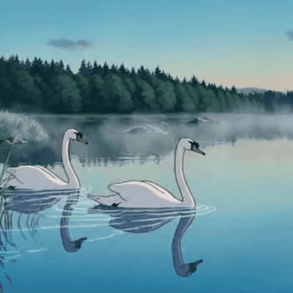 A sketch-like picture of two swans on a lake at the edge of a forest.