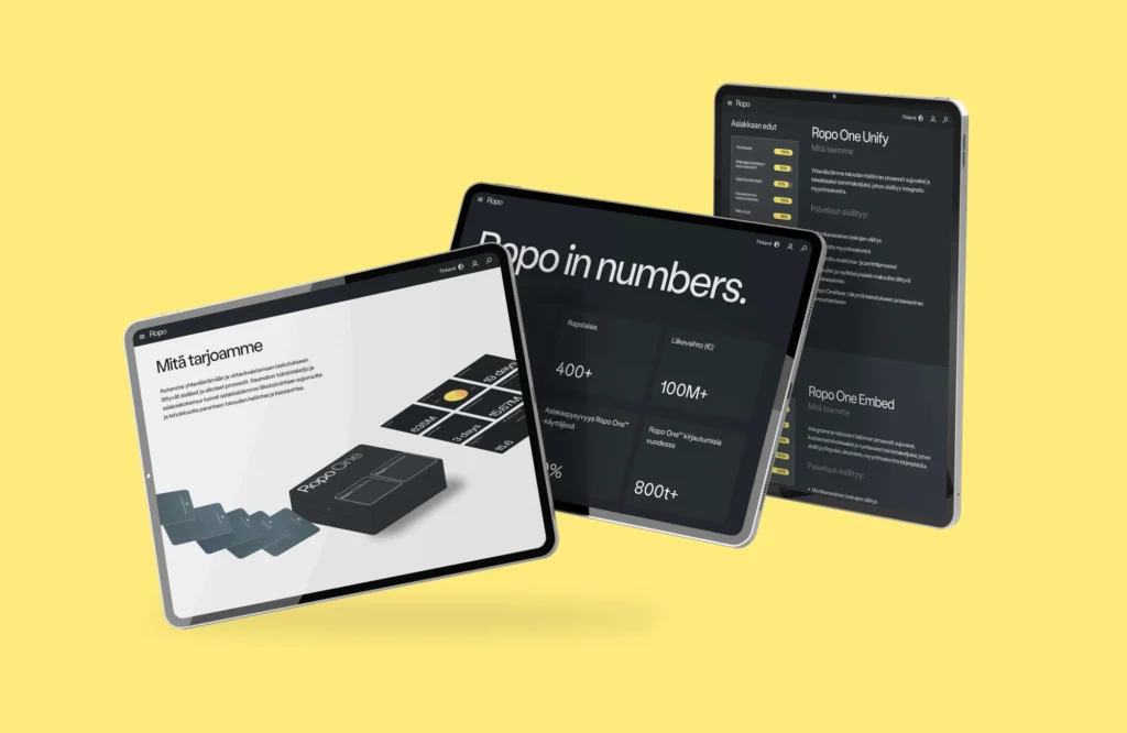 Ropon verkkosivujen mockup tabletilla.