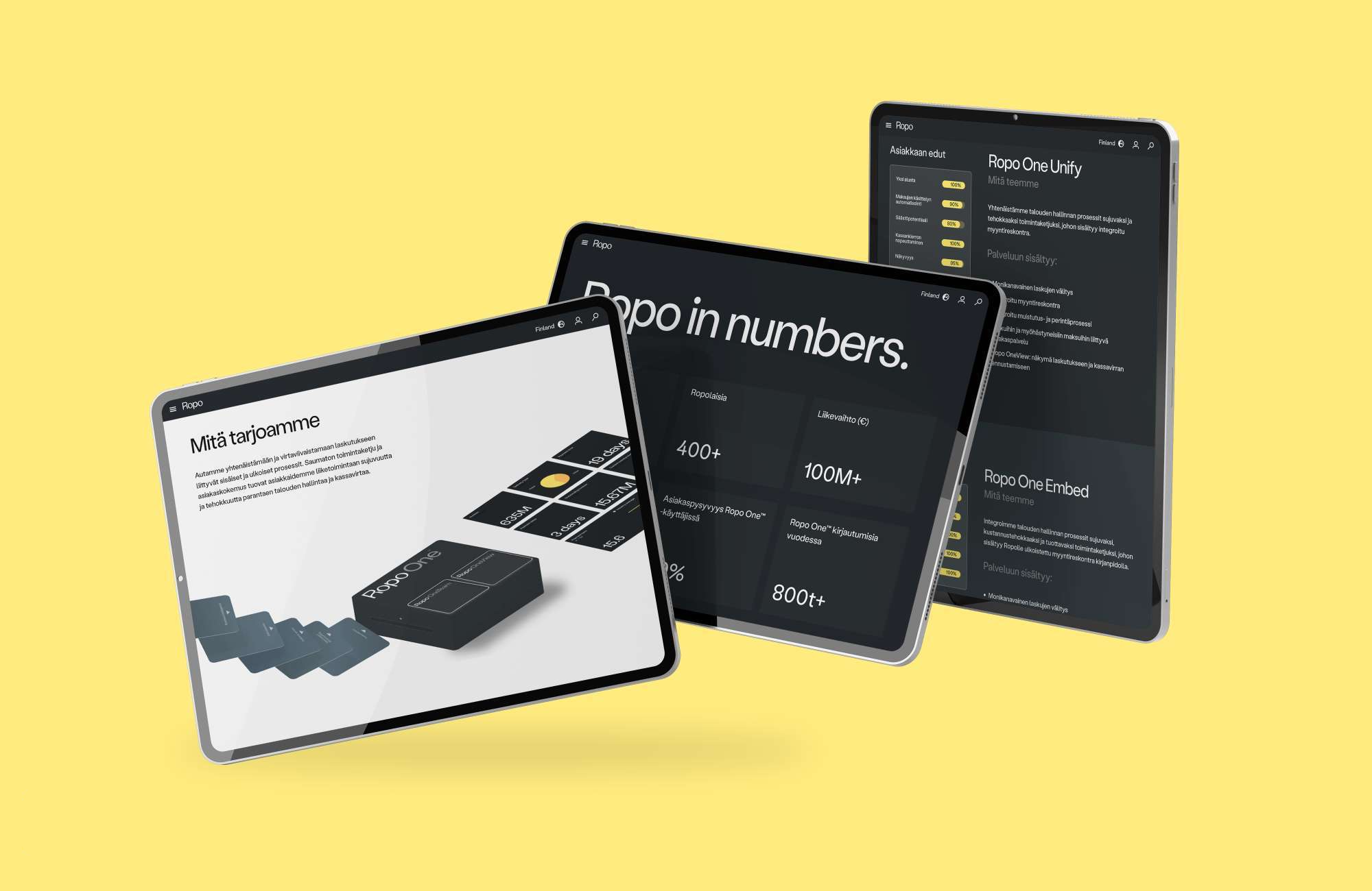 Ropon verkkosivujen mockup tabletilla.