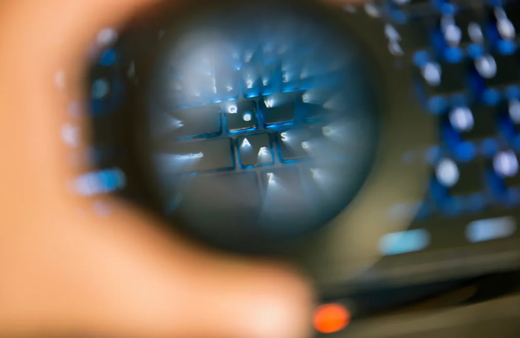 Suurennuslasi kohdistettuna näppäimistöön symboloimassa verkkosisällön saavutettavuusohjeita (WCAG 2.2), tarkkaa vaatimusten huomioimista ja esteetöntä käyttöä eri käyttäjäryhmille.