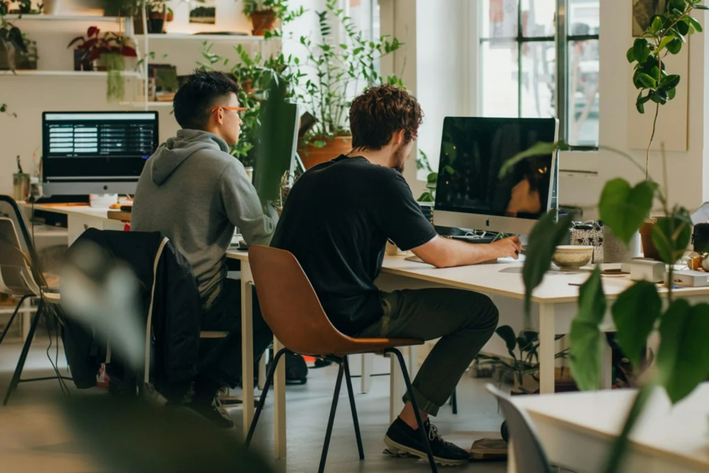 Työntekijöitä modernissa toimistossa, jossa paljon viherkasveja.