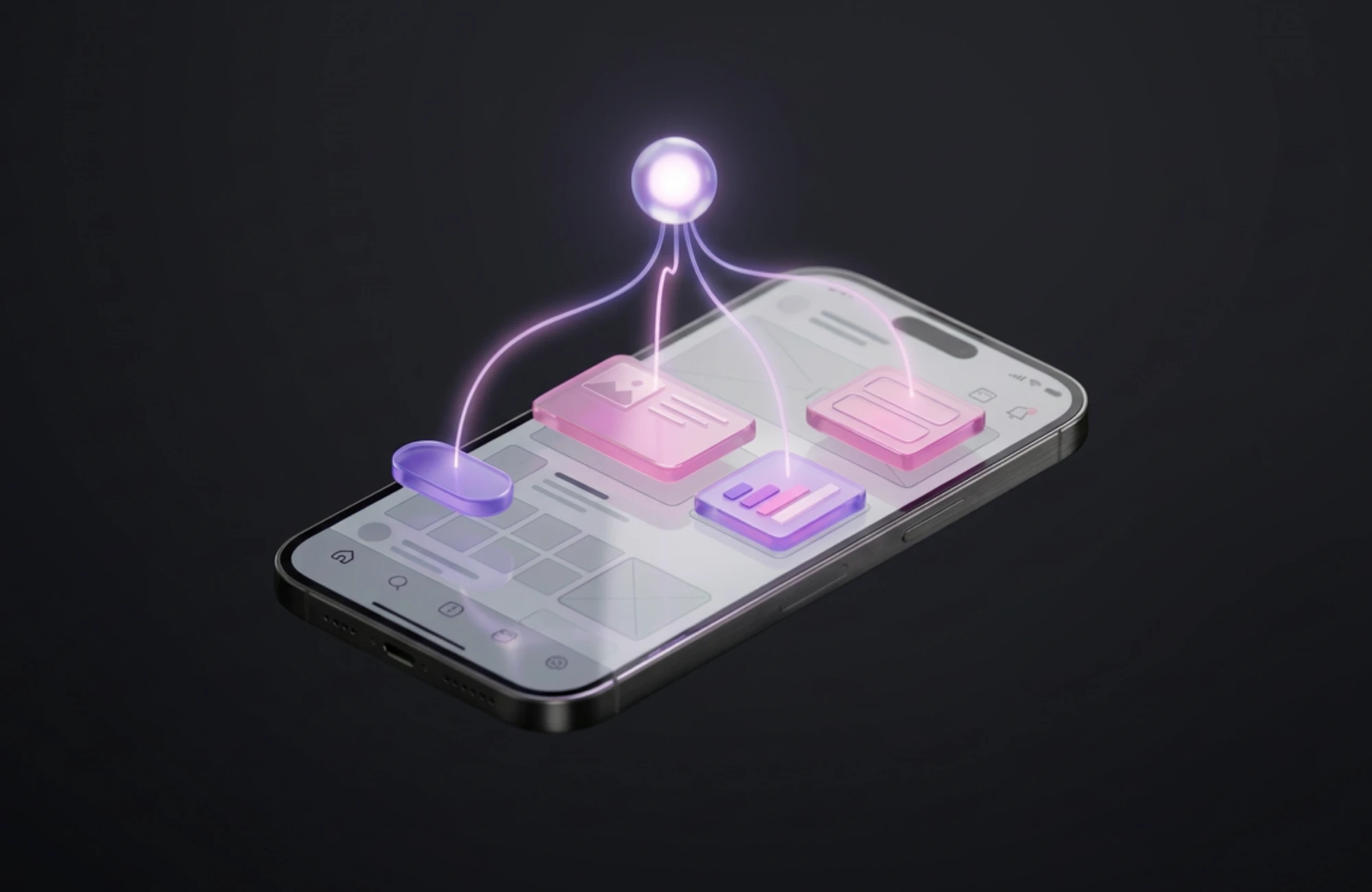 A smartphone with glowing light streams guiding interface elements into place on the screen.