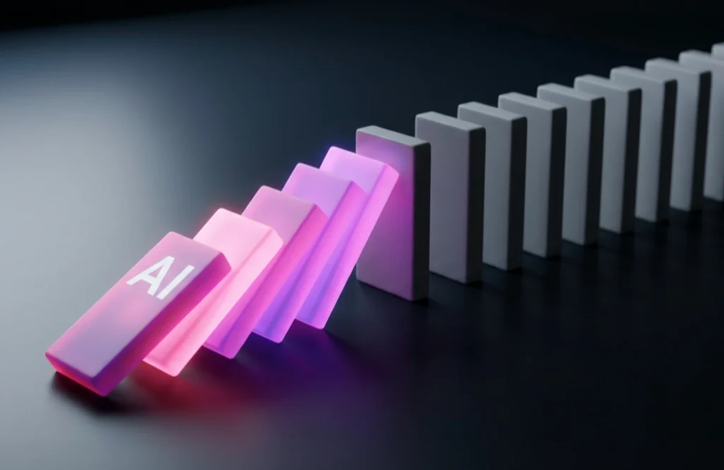 Dominorivi, jossa AI-tekstillä merkitty domino kaataa muut. Kaatuneet dominot hehkuvat pinkkeinä, pystyssä olevat ovat harmaita.