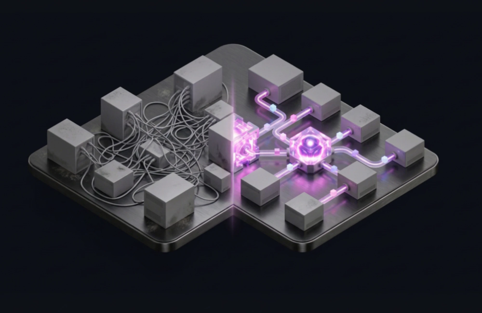 On the left side of the system, the devices are connected to each other with tangled cables. On the right side, the same devices are neatly connected to a single glowing hub.