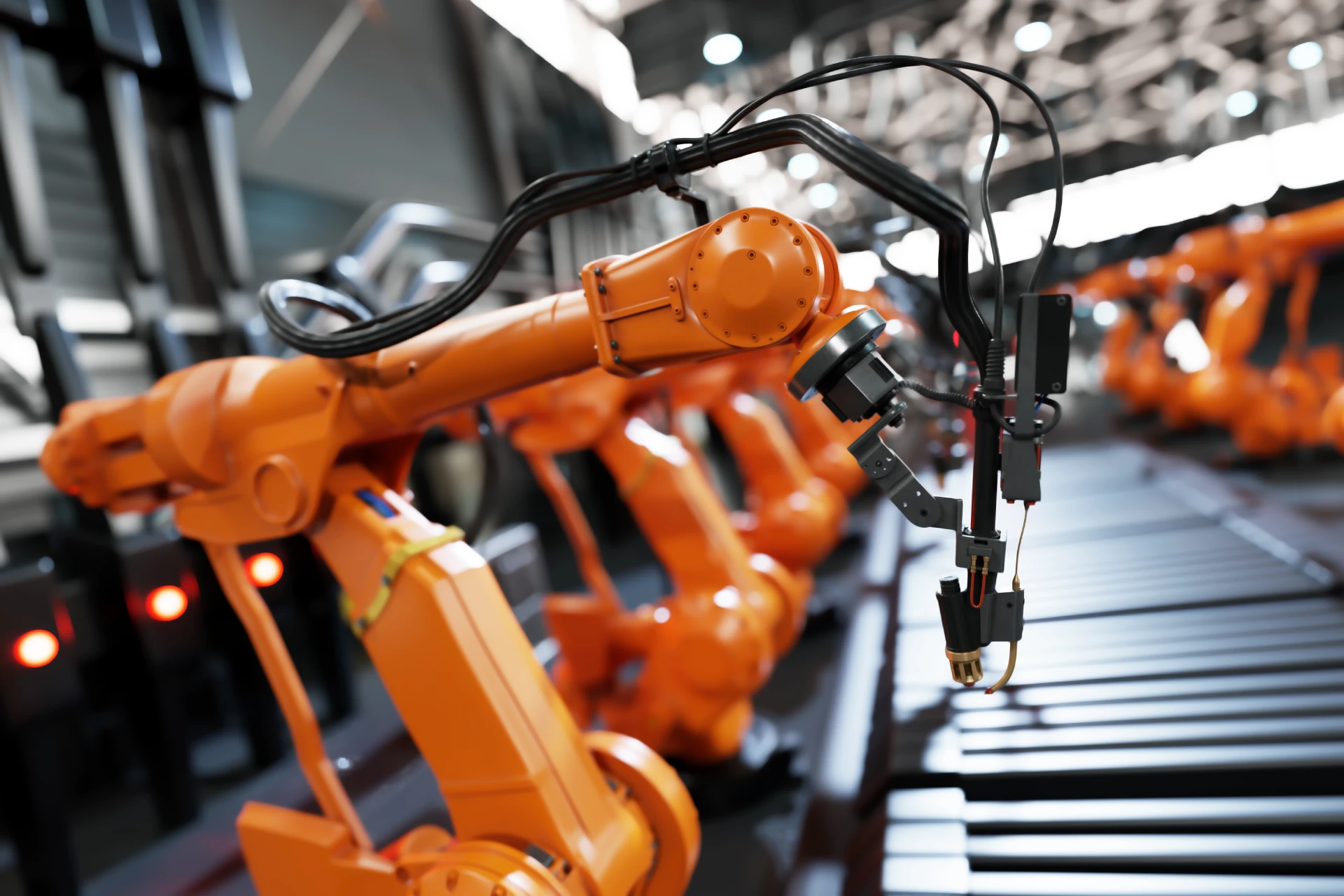 Tekoäly teollisuudessa blogin kuvituskuva, robotteja tuotantolaitoksessa.