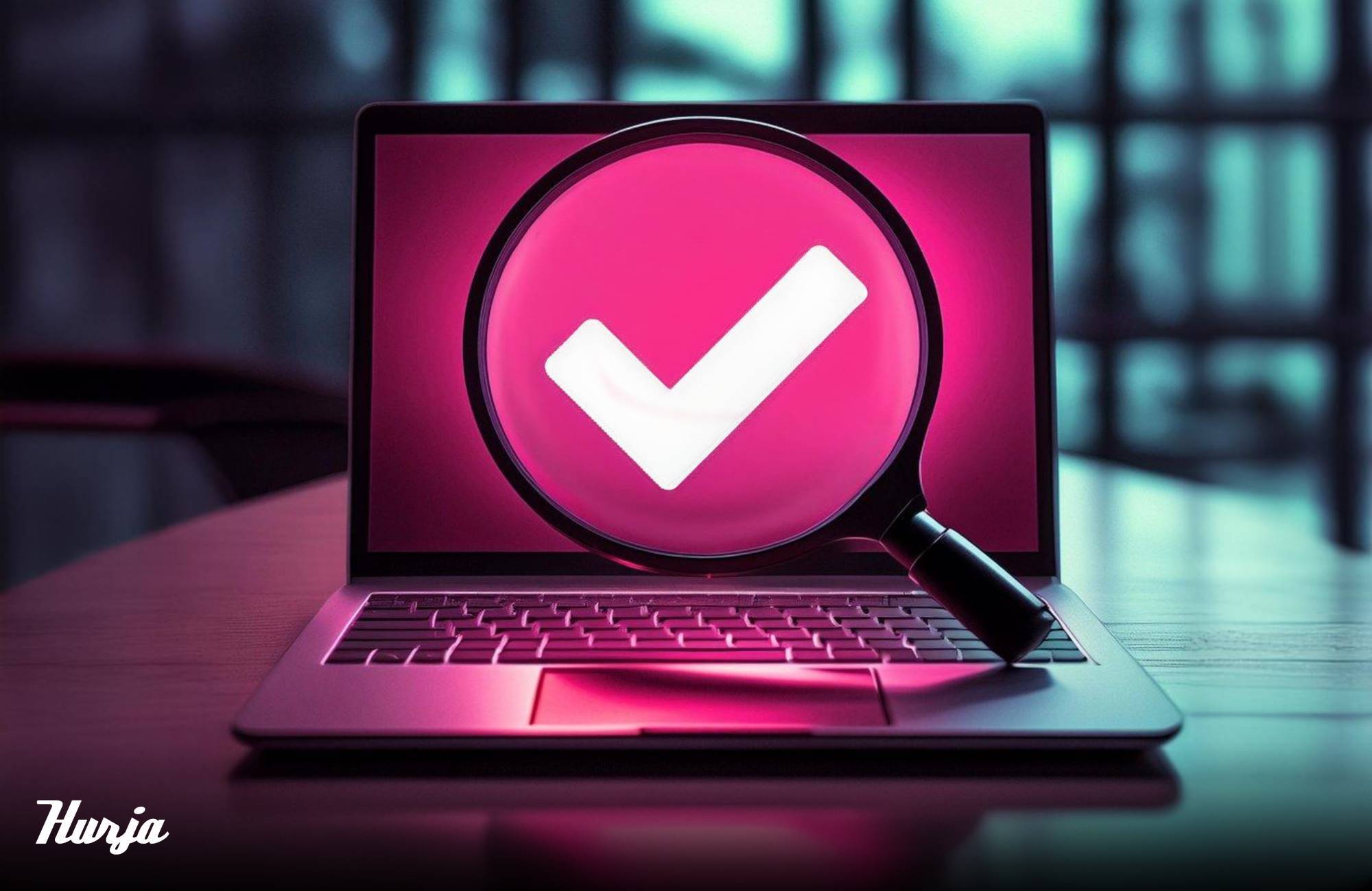 Digipalvelulaki blogin kansikuva, jossa läppärin näytöllä suurennuslasi ja oikeinmerkki.