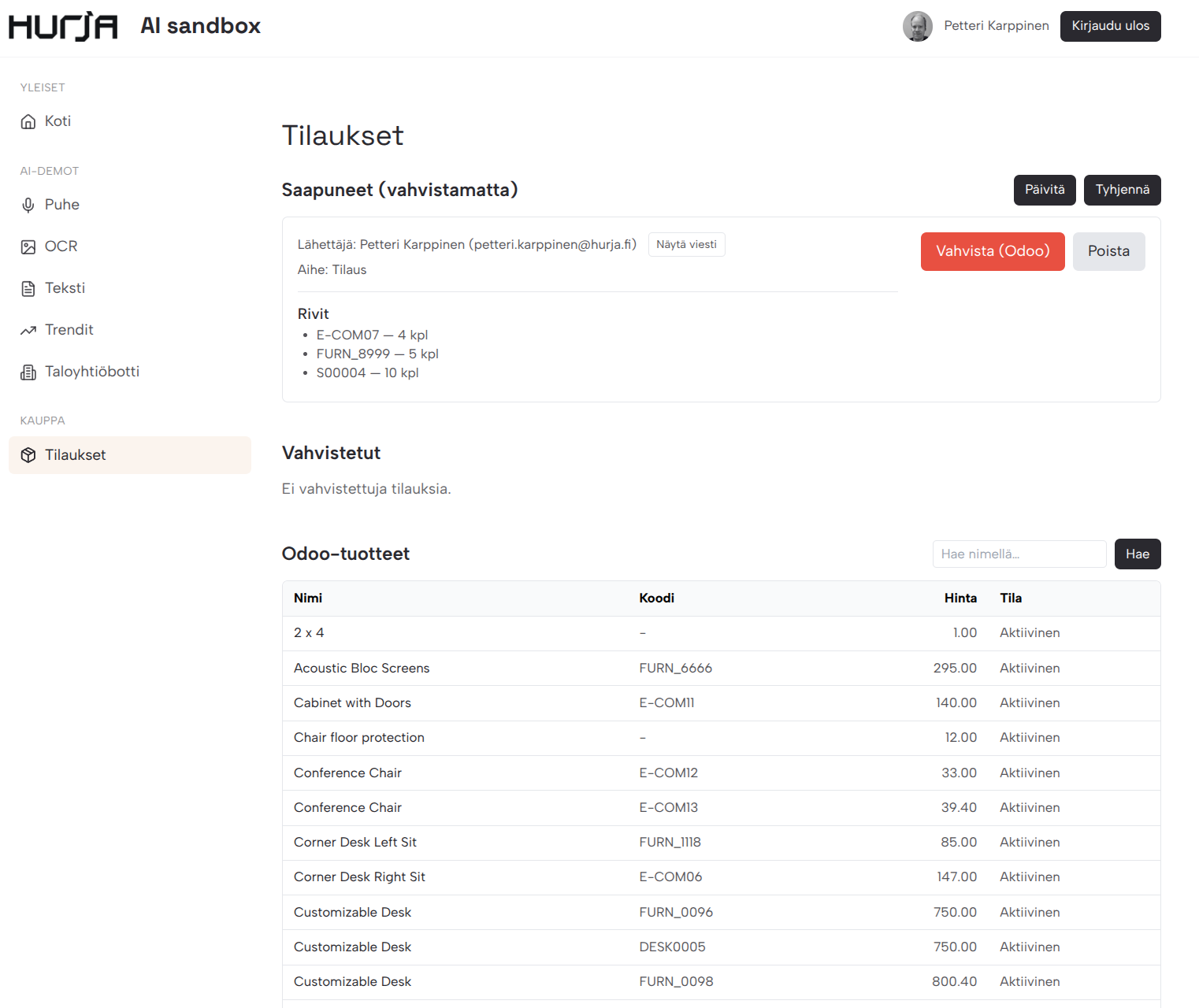Tilaus Hurjan AI sandboxissa.
