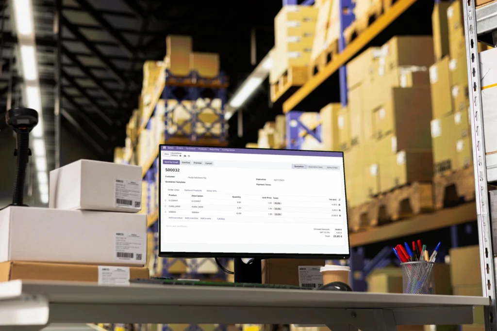 Odoo ERP järjestelmä tietokoneen näytöllä varastossa.