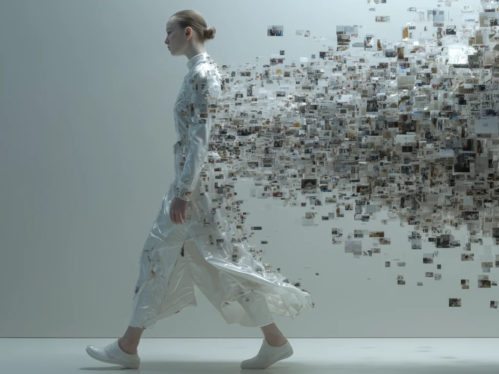 Nuori nainen kävelee futuristisessa ympäristössä, ja hänen hahmonsa hajoaa digitaalisiksi kuvapalasiksi, jotka symboloivat tekoälyä (LLM) ja dataa.