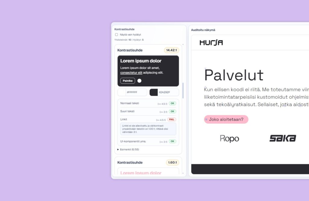 The contrast checker’s selection tool is in use: the user has selected three elements from the page, and their contrast ratios are displayed in the right-hand panel. The ‘FAIL’ status shown for the button indicates that the button’s contrast against the background does not meet the WCAG 2.2 AA requirement.