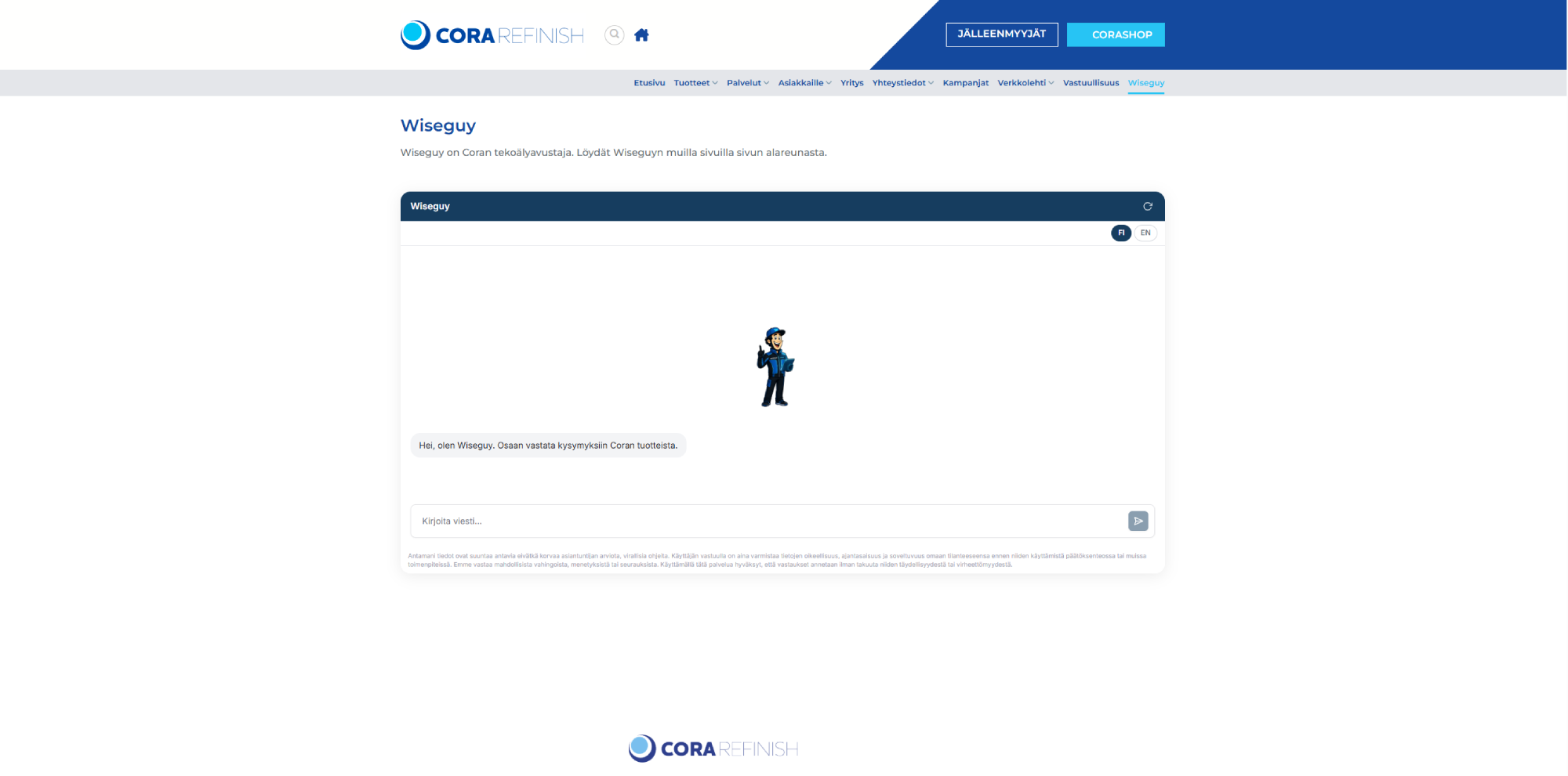 Cora Refinishin Wiseguy-tekoälybotin käyttöliittymä verkkosivustolla.